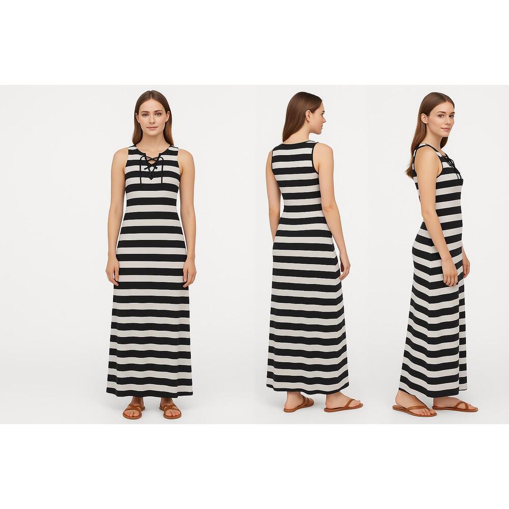Be Black White Sleeveless Dress Lace Up Maxi Dress Horizontal Stripes  Medium‎